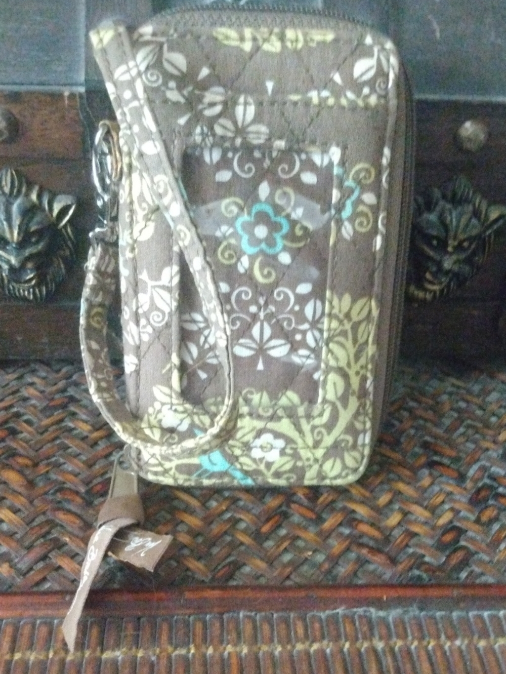 Vera Bradley Brown Quilted Floral Wristlet with Turquoise Accents
